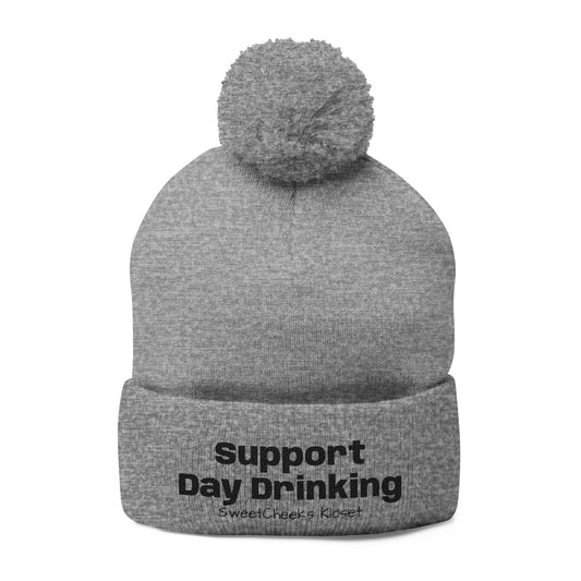 Embroidered Pom-Pom Beanie — "Support Day Drinking" Knit Hat
