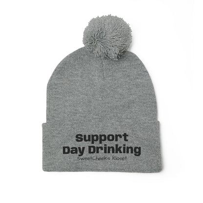 Embroidered Pom-Pom Beanie — "Support Day Drinking" Knit Hat